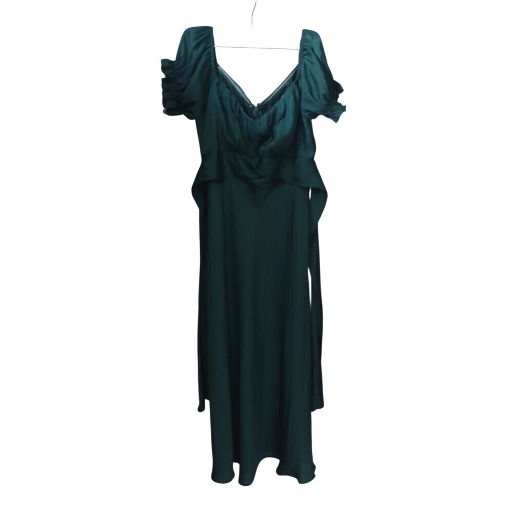 Saints + Secrets Green Midi Dress XL Satin Look Ruched Sleeves VNeckElegantDress
